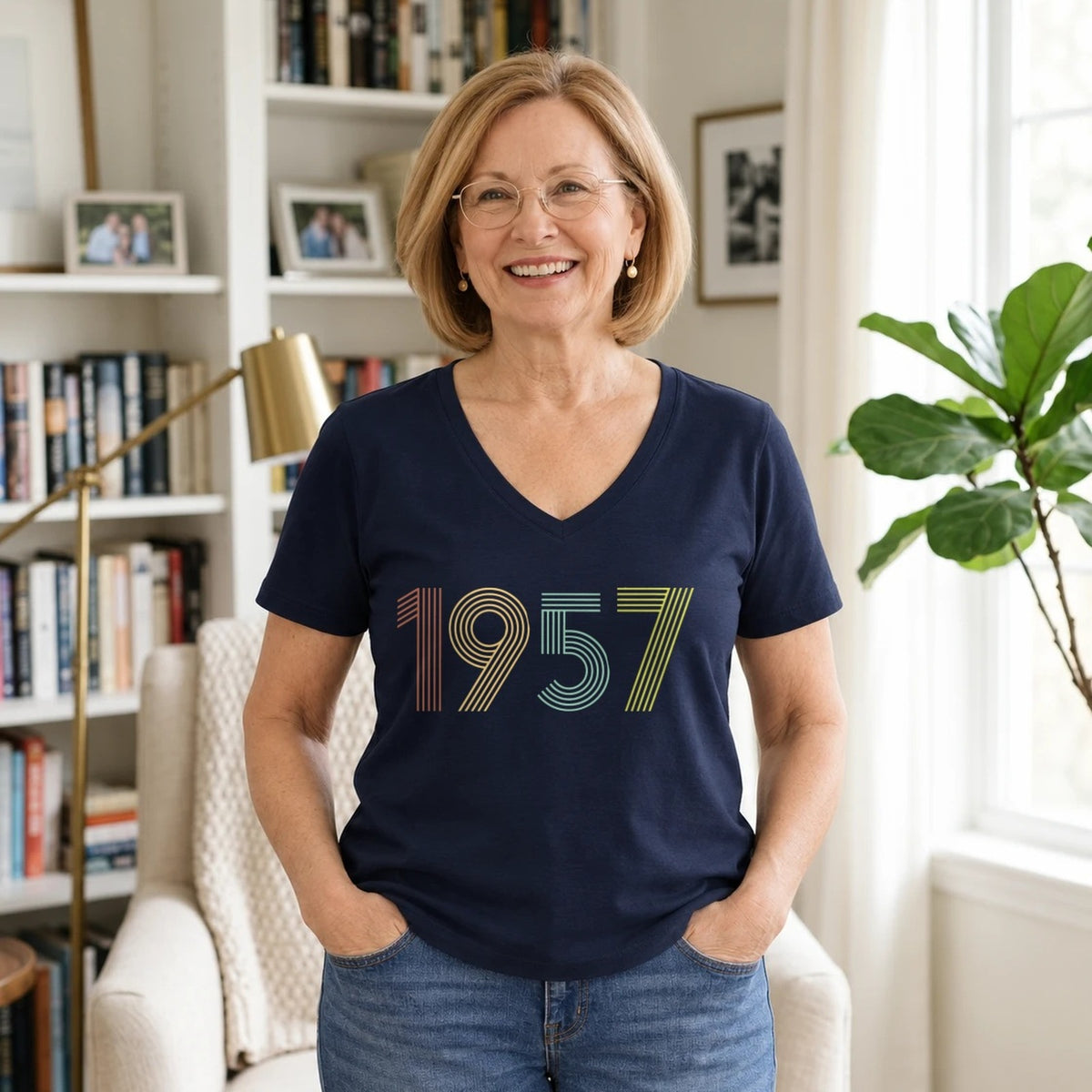 1957 Birth Year Shirt - Retro 69th Birthday T-Shirt for Women - Navy Blue V-Neck