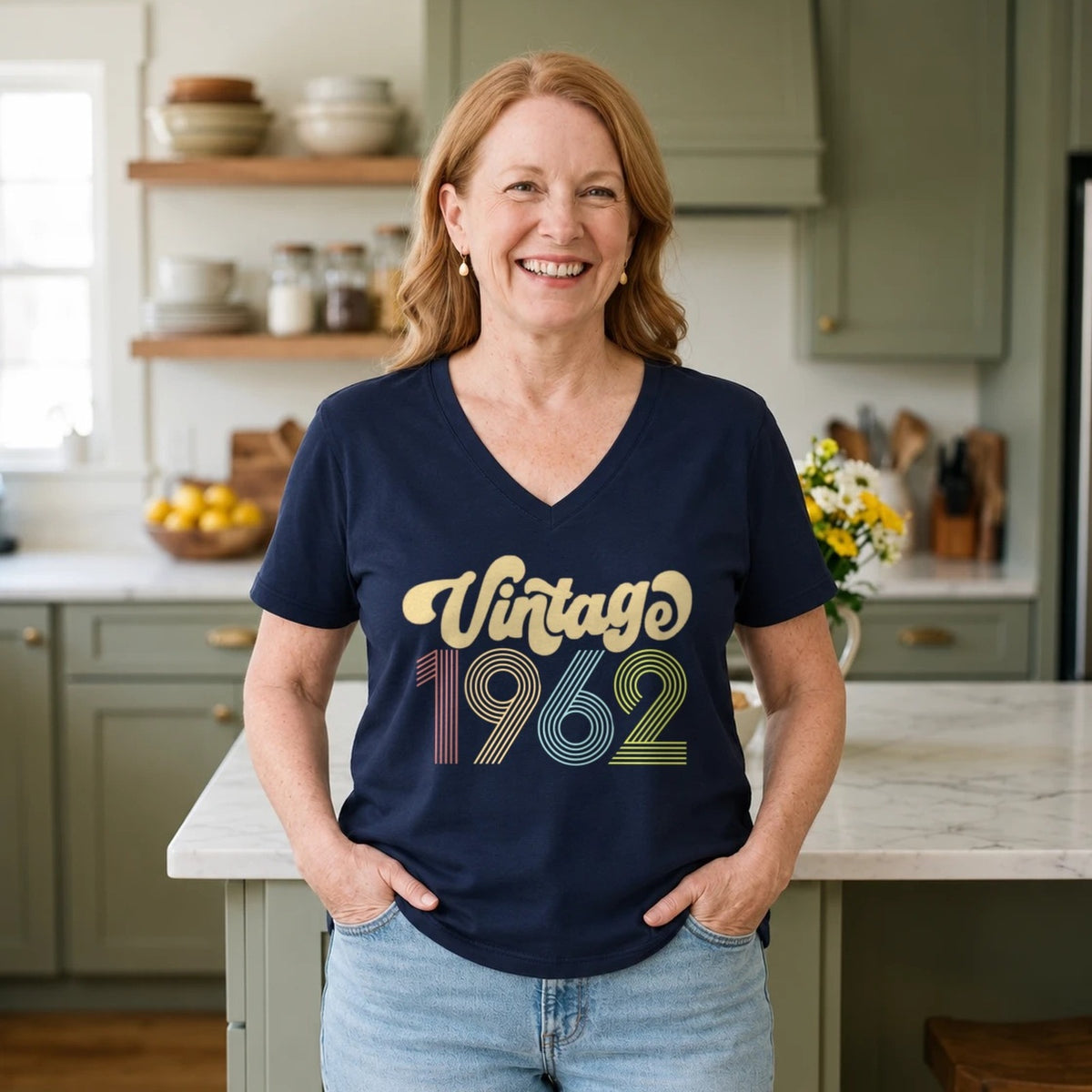 Vintage 1962 - Retro 64th Birthday T-Shirt for Women - Navy Blue V-Neck