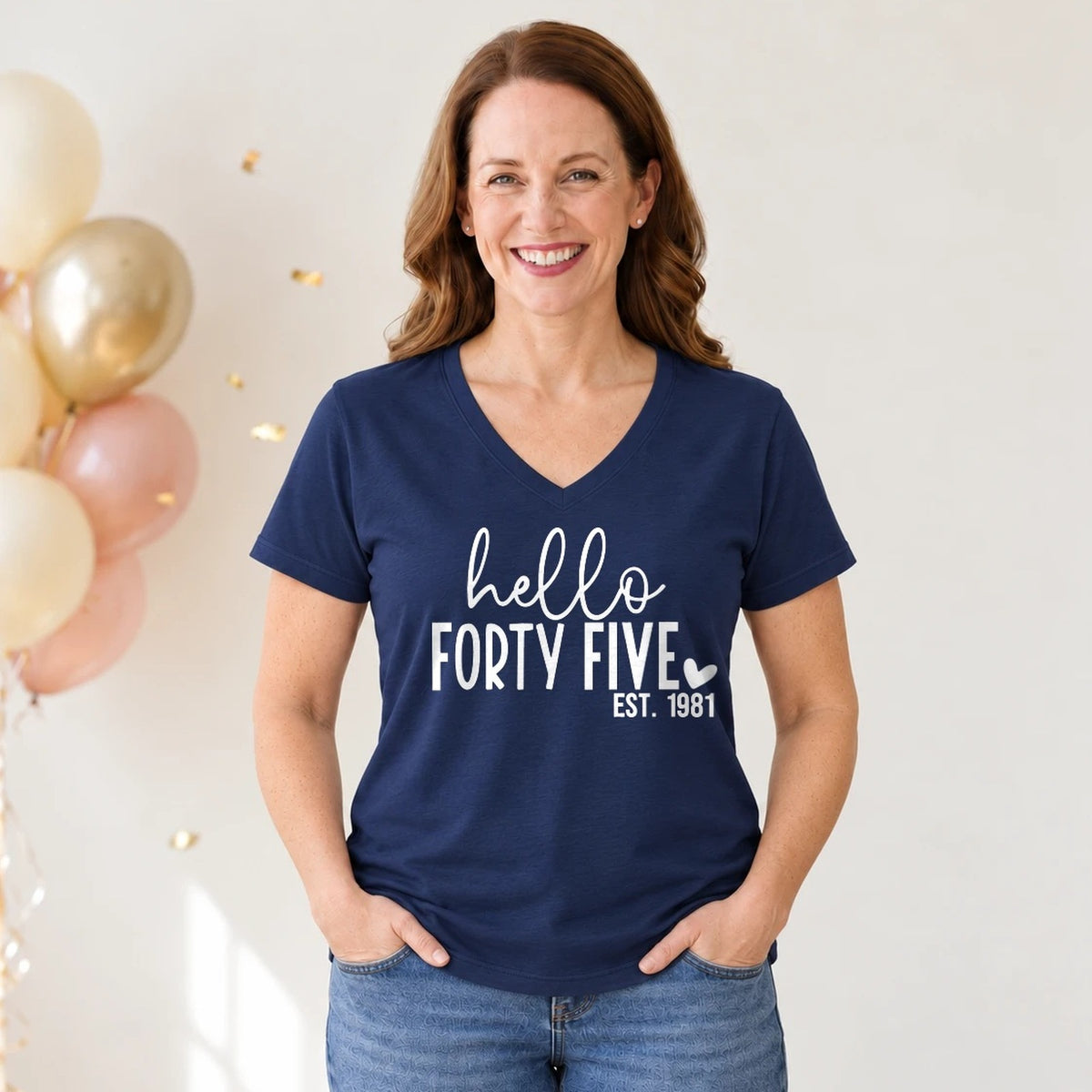 Hello Forty-Five 45th Birthday T-Shirt for Women - Est. 1981 - Navy Blue V-Neck