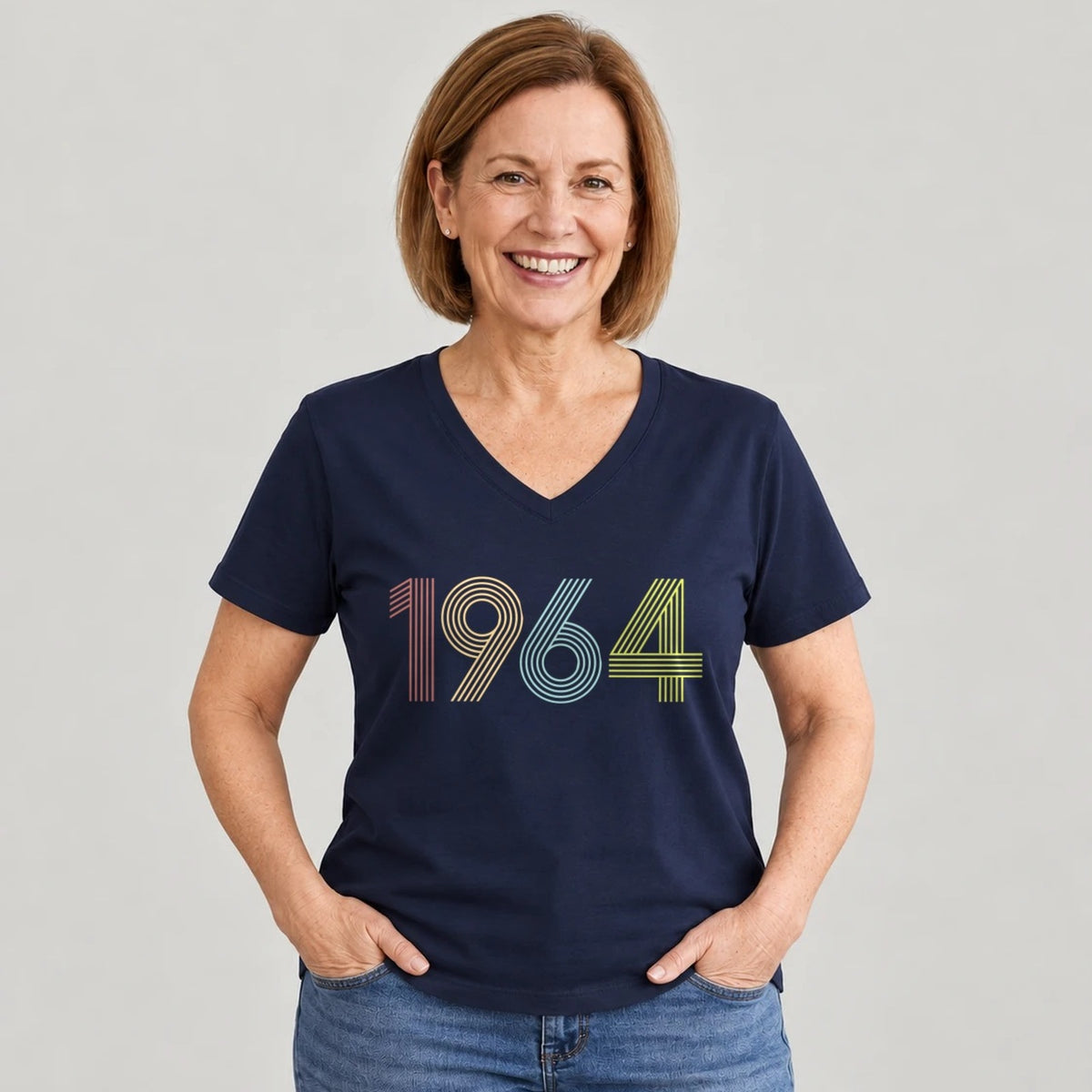 1964 Birth Year Shirt - Retro 62nd Birthday T-Shirt for Women - Navy Blue V-Neck