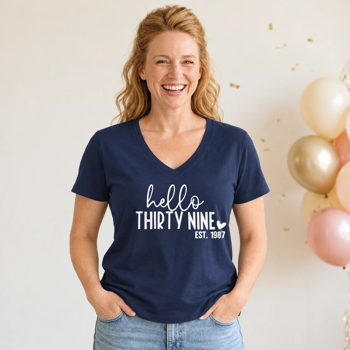 Hello Thirty-Nine 39th Birthday T-Shirt for Women - Est. 1987 - Navy Blue V-Neck
