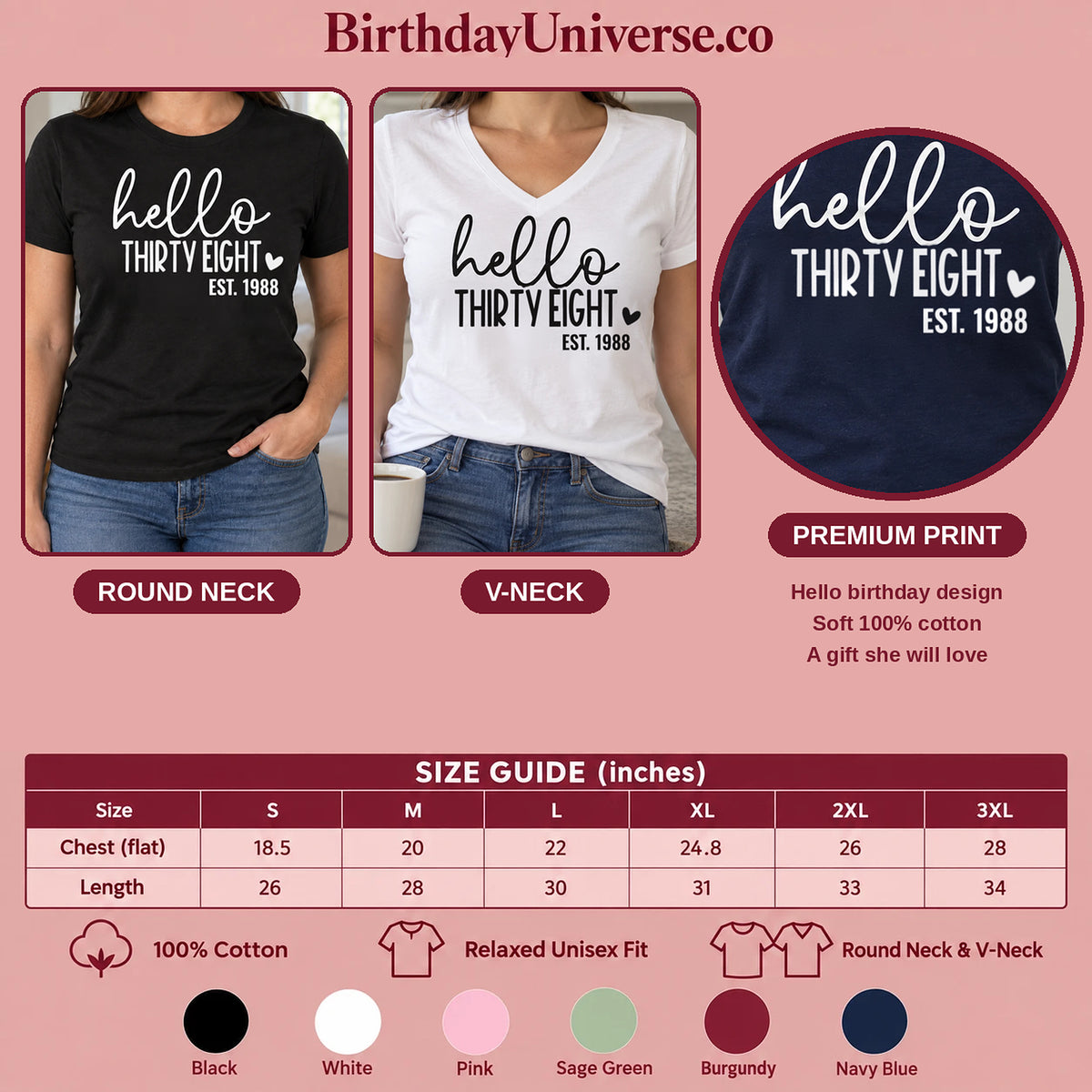 Hello Thirty-Eight 38th Birthday T-Shirt for Women - Est. 1988 - Size Guide and Colors