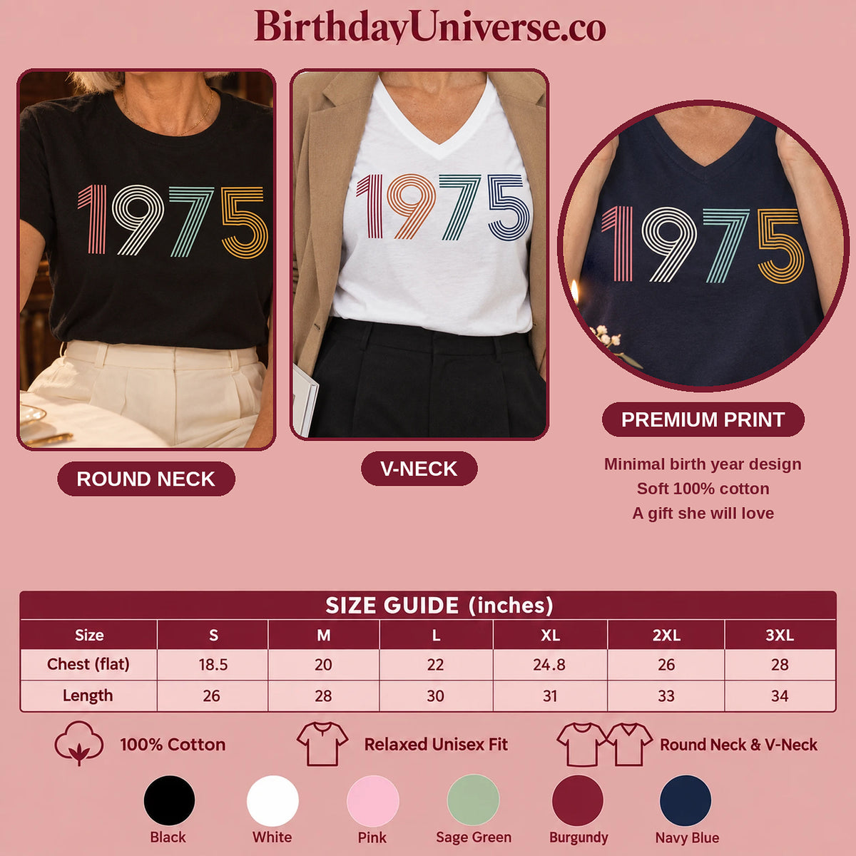 1975 Birth Year Shirt - Retro 51st Birthday T-Shirt for Women - Size Guide and Colors