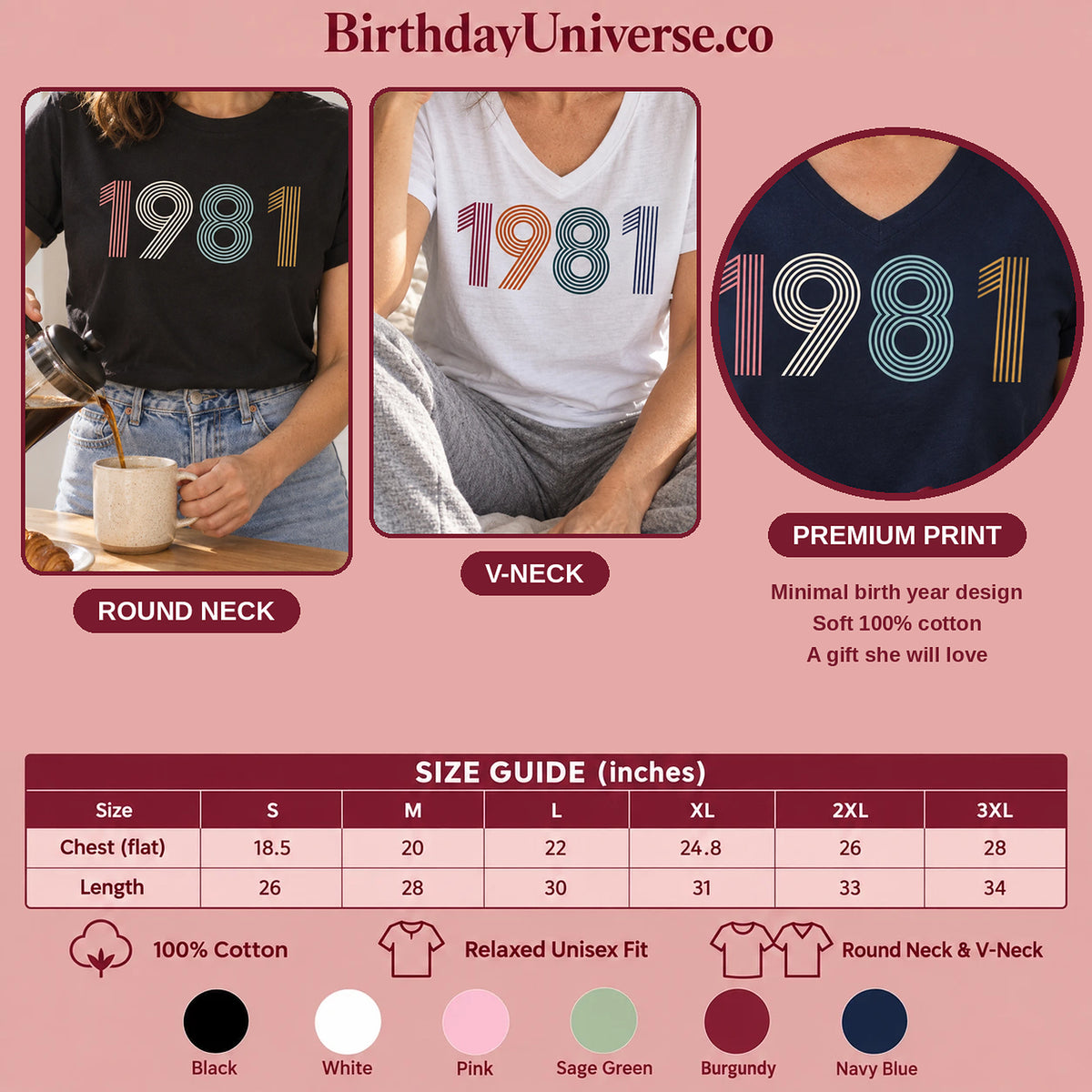 1981 Birth Year Shirt - Retro 45th Birthday T-Shirt for Women - Size Guide and Colors