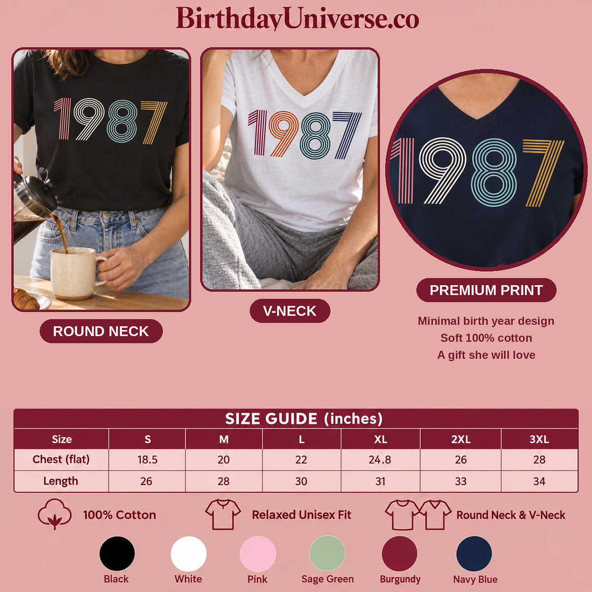 1987 Birth Year Shirt - Retro 39th Birthday T-Shirt for Women - Size Guide and Colors