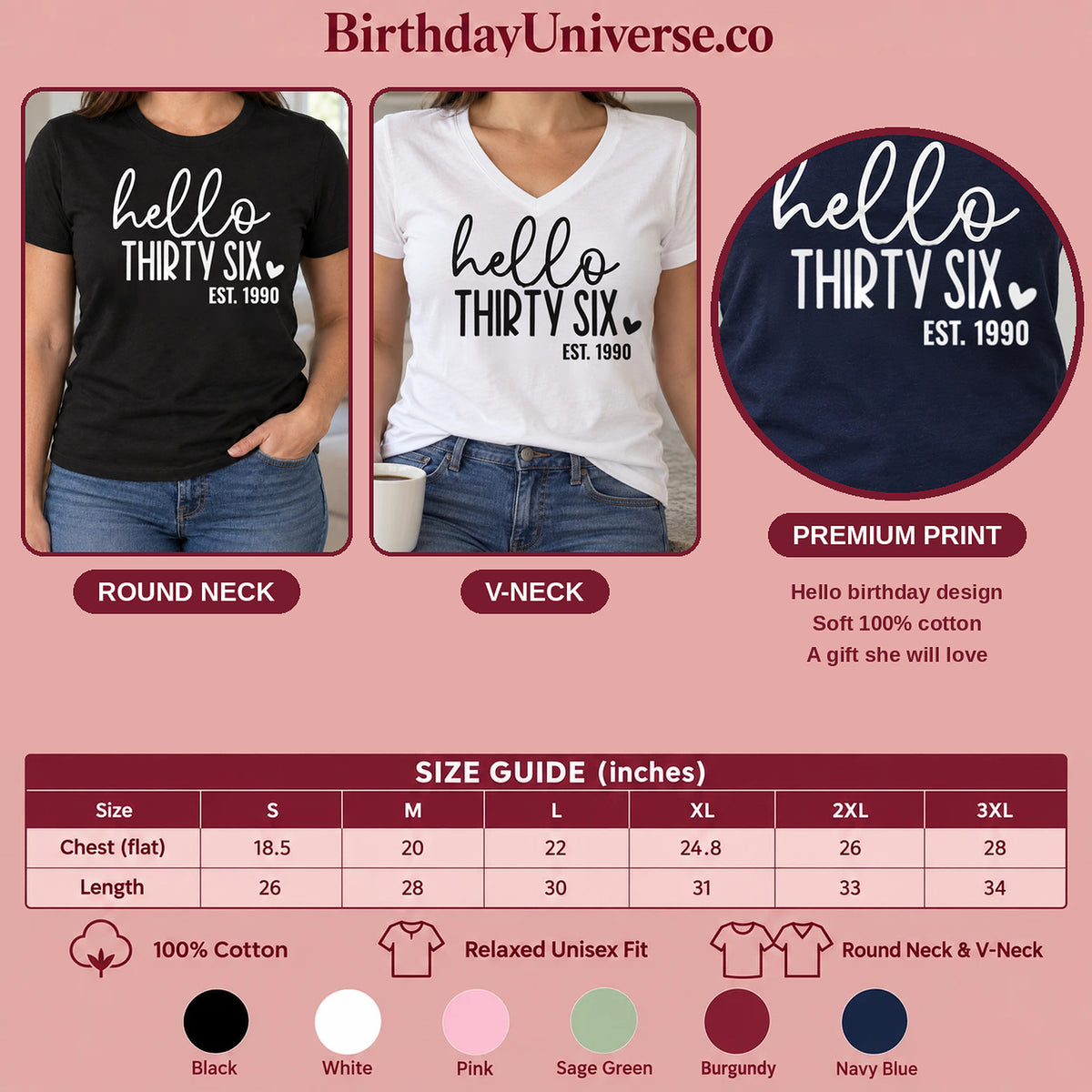 Hello Thirty-Six 36th Birthday T-Shirt for Women - Est. 1990 - Size Guide and Colors