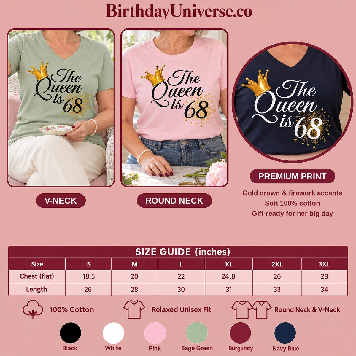 The Queen Is 68 - 68th Birthday Queen T-Shirt for Women - Size Guide and Colors