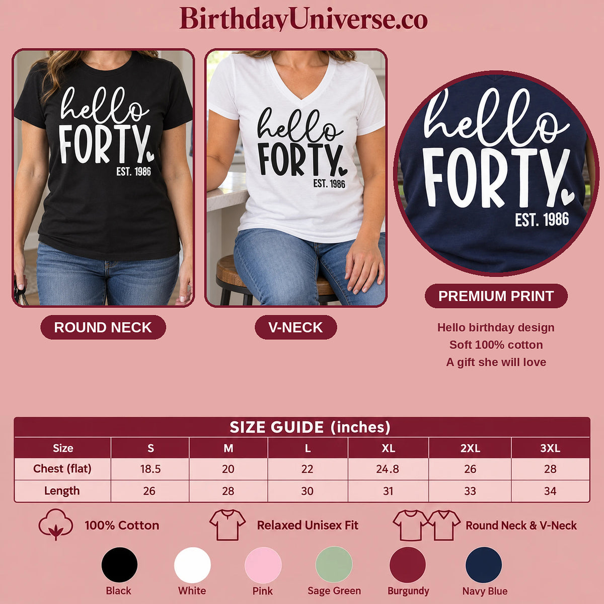 Hello Forty 40th Birthday T-Shirt for Women - Est. 1986 - Size Guide and Colors