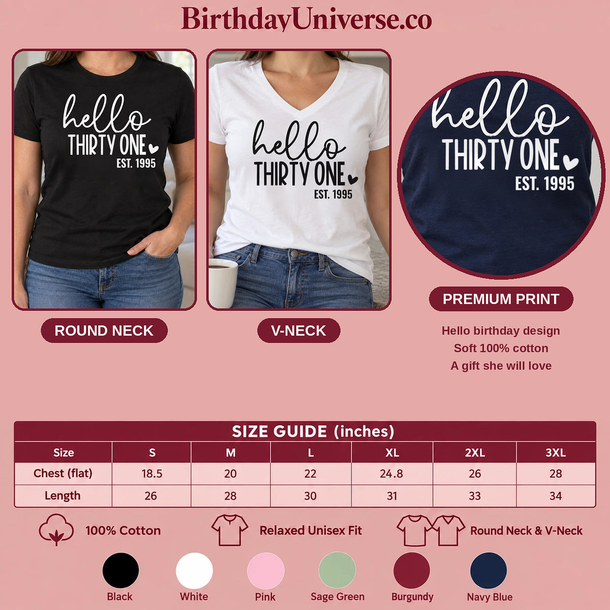 Hello Thirty-One 31st Birthday T-Shirt for Women - Est. 1995 - Size Guide and Colors