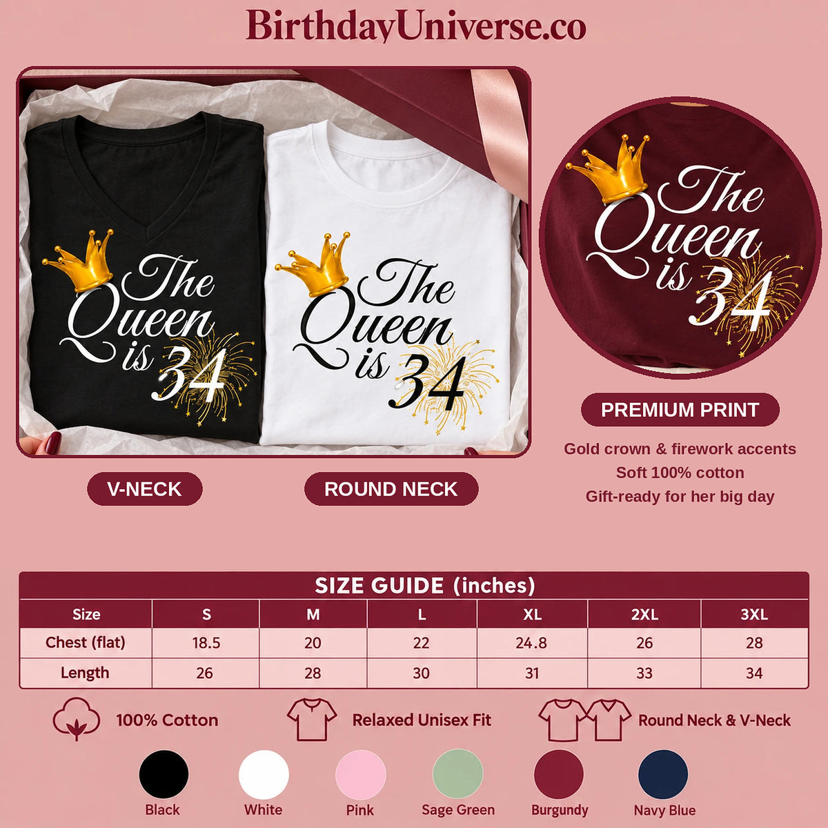 The Queen Is 34 - 34th Birthday Queen T-Shirt for Women - Size Guide and Colors