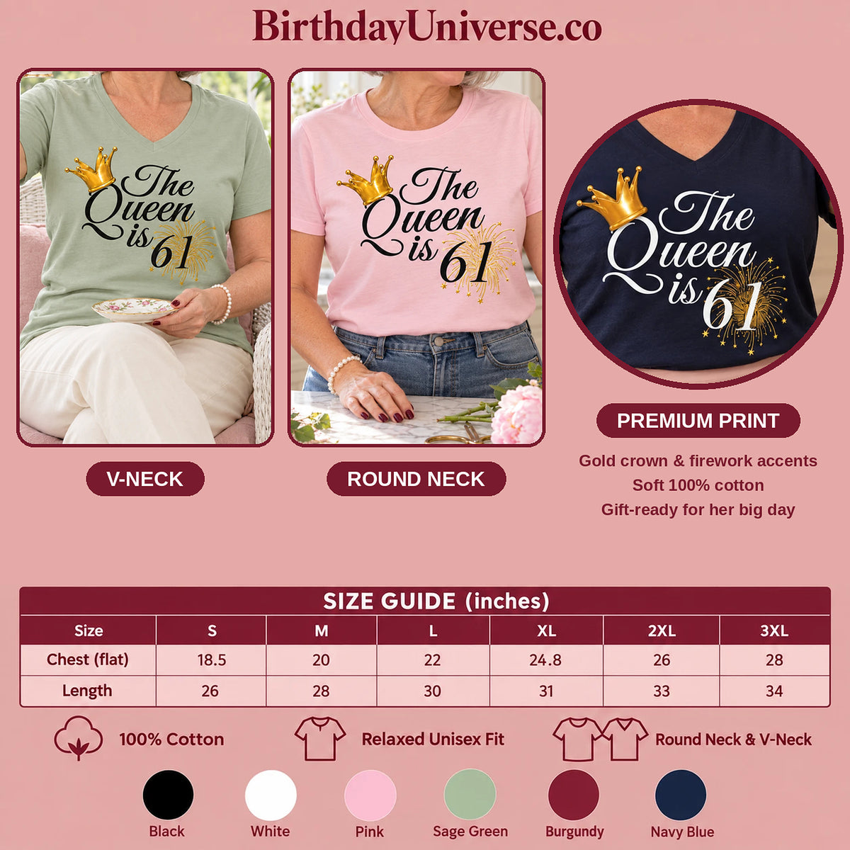 The Queen Is 61 - 61st Birthday Queen T-Shirt for Women - Size Guide and Colors