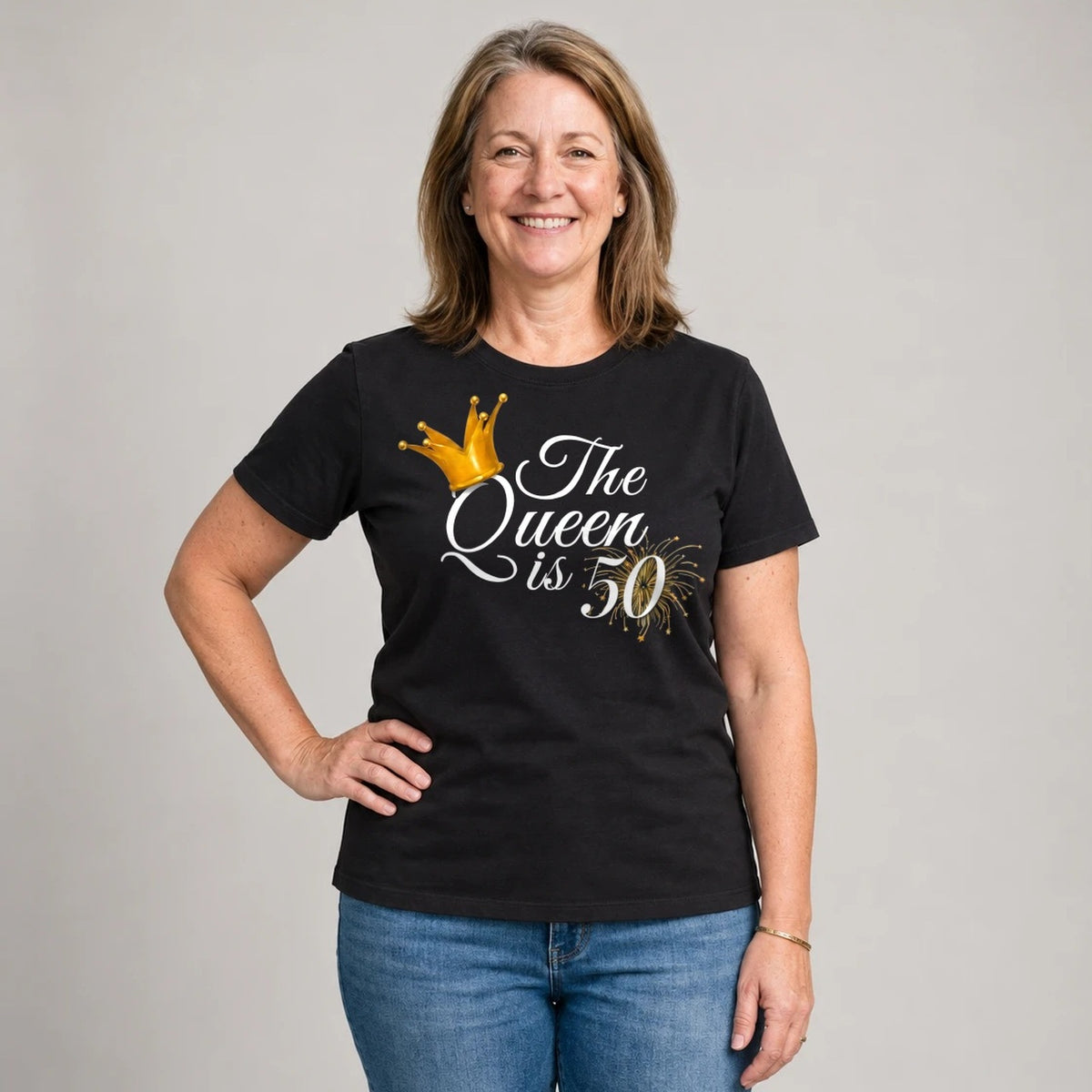 The Queen Is 50 - 50th Birthday Queen T-Shirt for Women - Black Round Neck