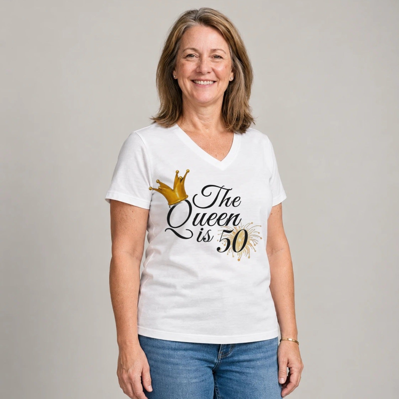 The Queen Is 50 - 50th Birthday Queen T-Shirt for Women - White V-Neck