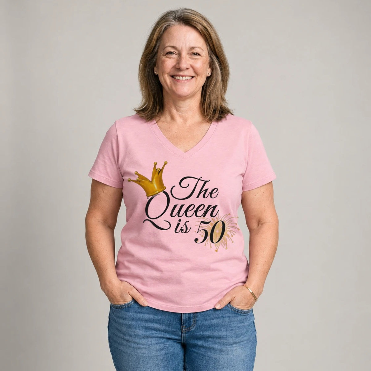 The Queen Is 50 - 50th Birthday Queen T-Shirt for Women - Blush Pink V-Neck