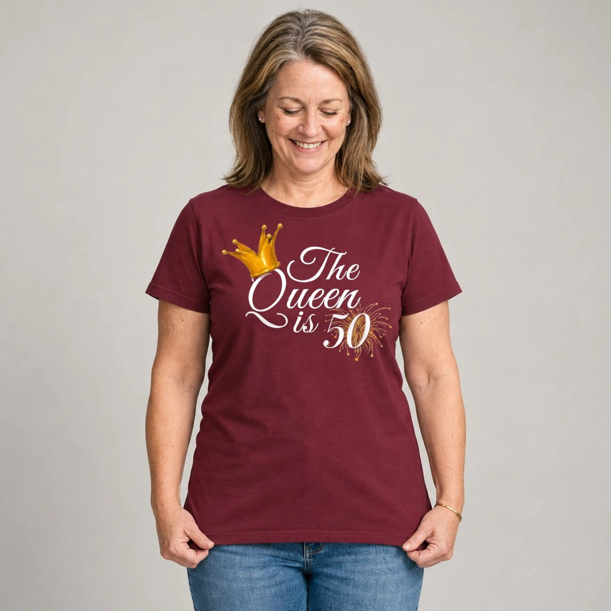 The Queen Is 50 - 50th Birthday Queen T-Shirt for Women - Burgundy Round Neck