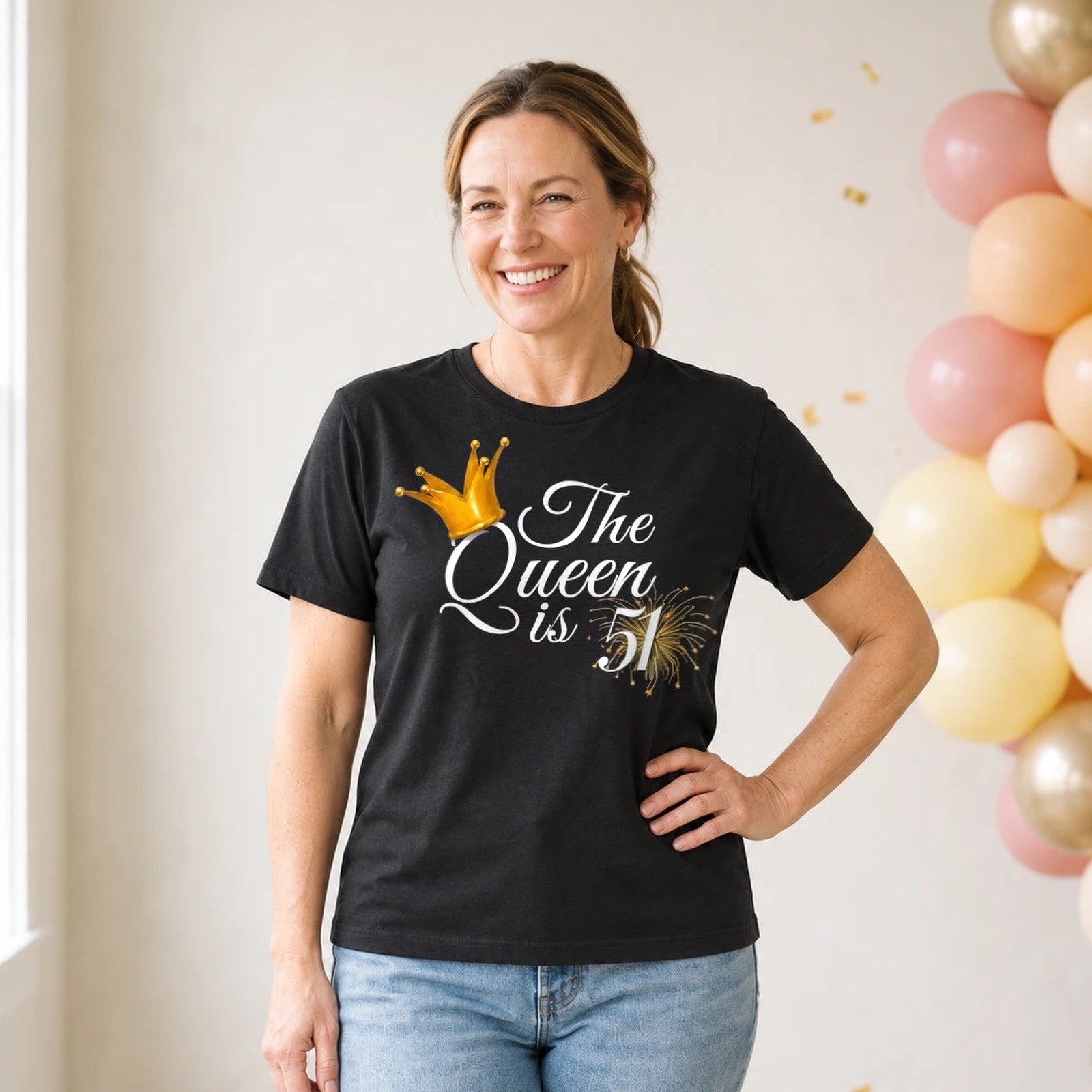 The Queen Is 51 - 51st Birthday Queen T-Shirt for Women - Black Round Neck