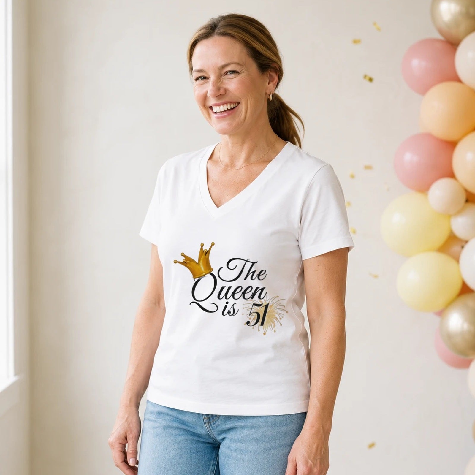 The Queen Is 51 - 51st Birthday Queen T-Shirt for Women - White V-Neck