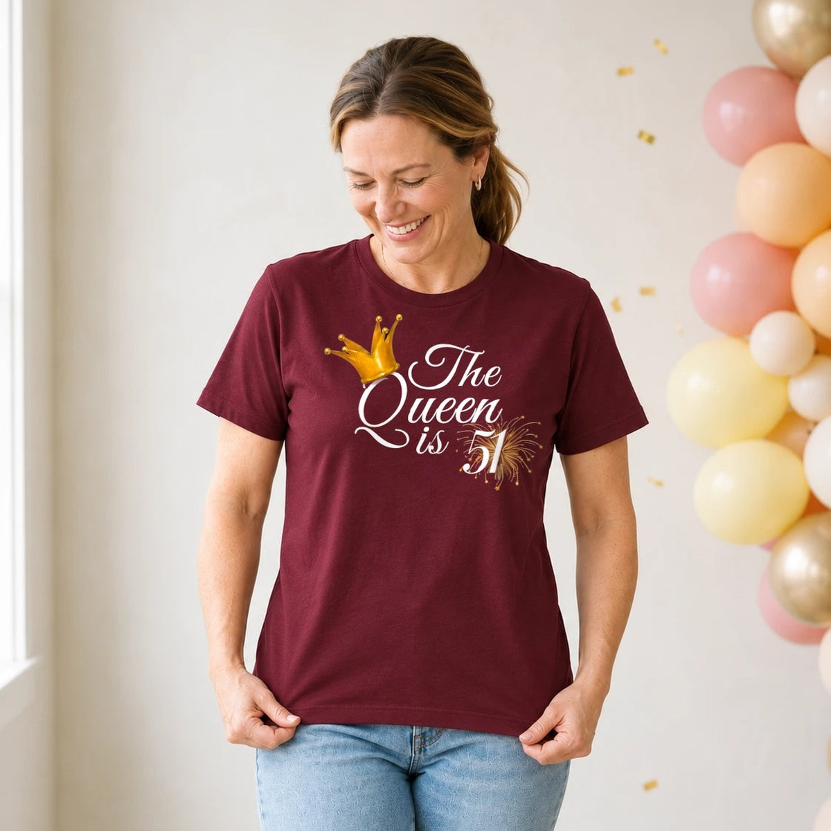 The Queen Is 51 - 51st Birthday Queen T-Shirt for Women - Burgundy Round Neck