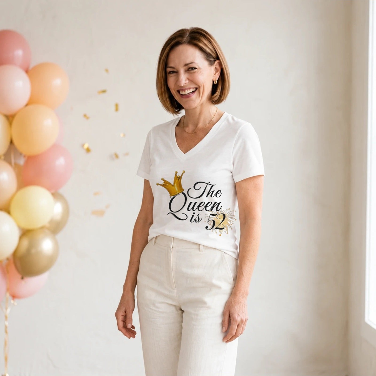 The Queen Is 52 - 52nd Birthday Queen T-Shirt for Women - White V-Neck