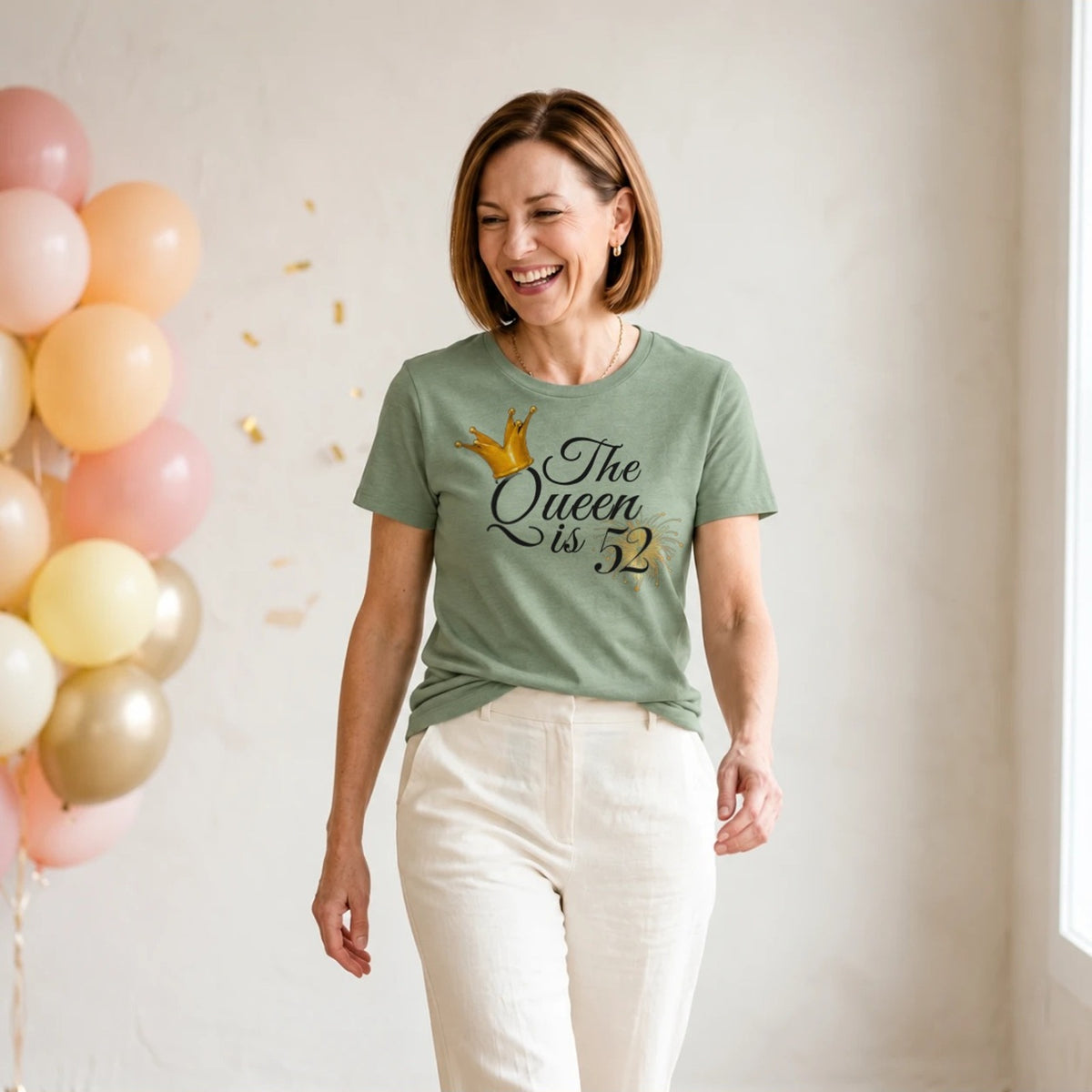The Queen Is 52 - 52nd Birthday Queen T-Shirt for Women - Sage Green Round Neck