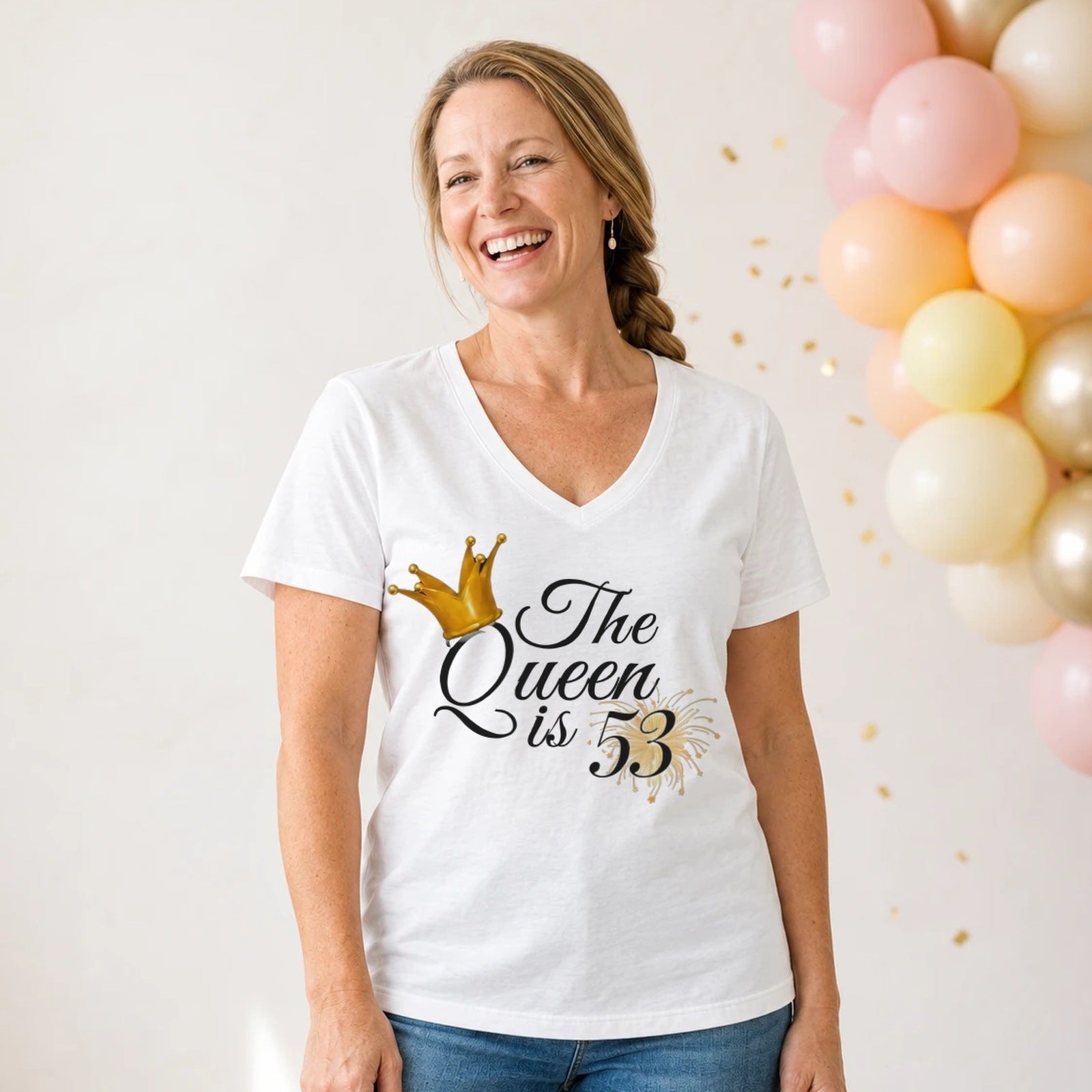 The Queen Is 53 - 53rd Birthday Queen T-Shirt for Women - White V-Neck