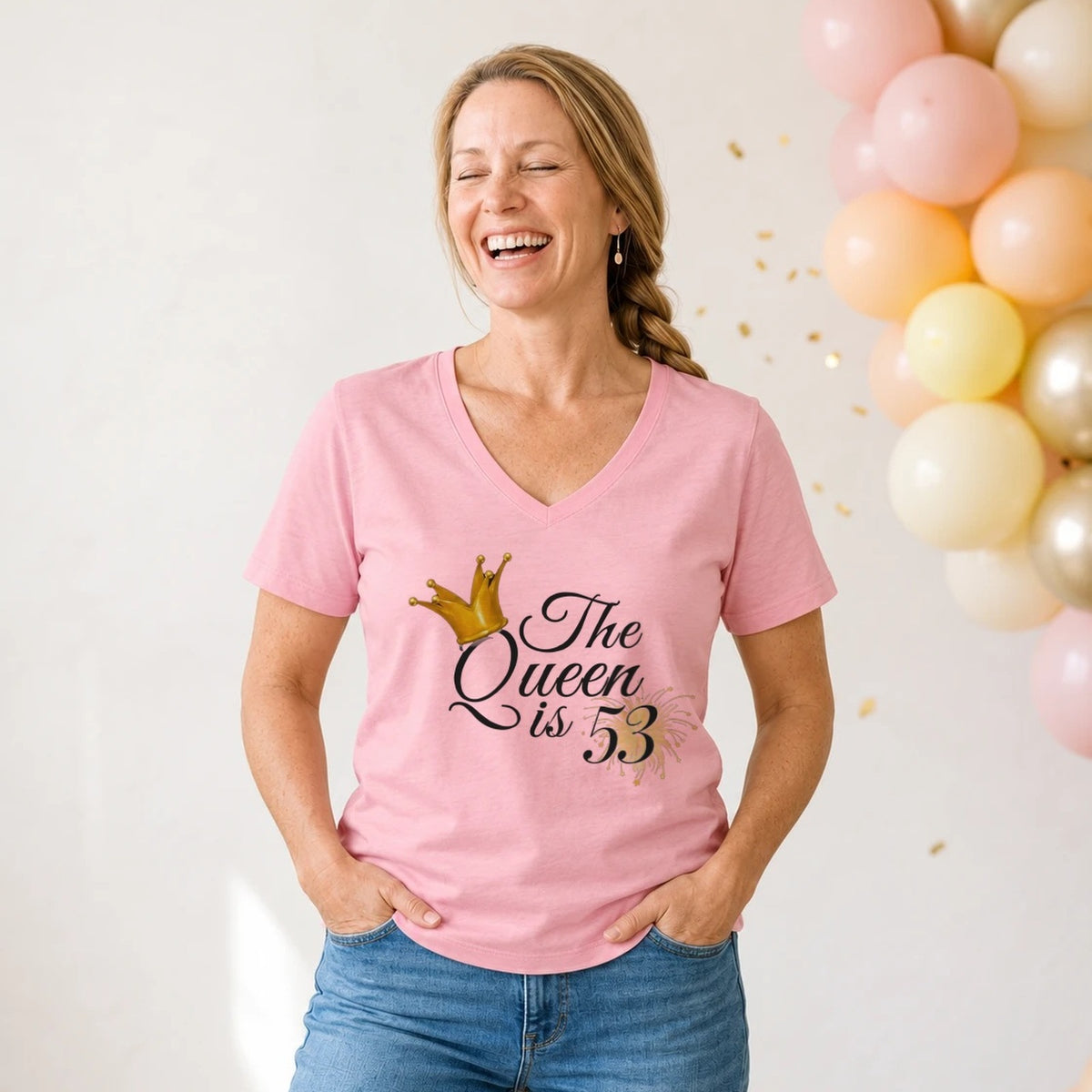 The Queen Is 53 - 53rd Birthday Queen T-Shirt for Women - Blush Pink V-Neck