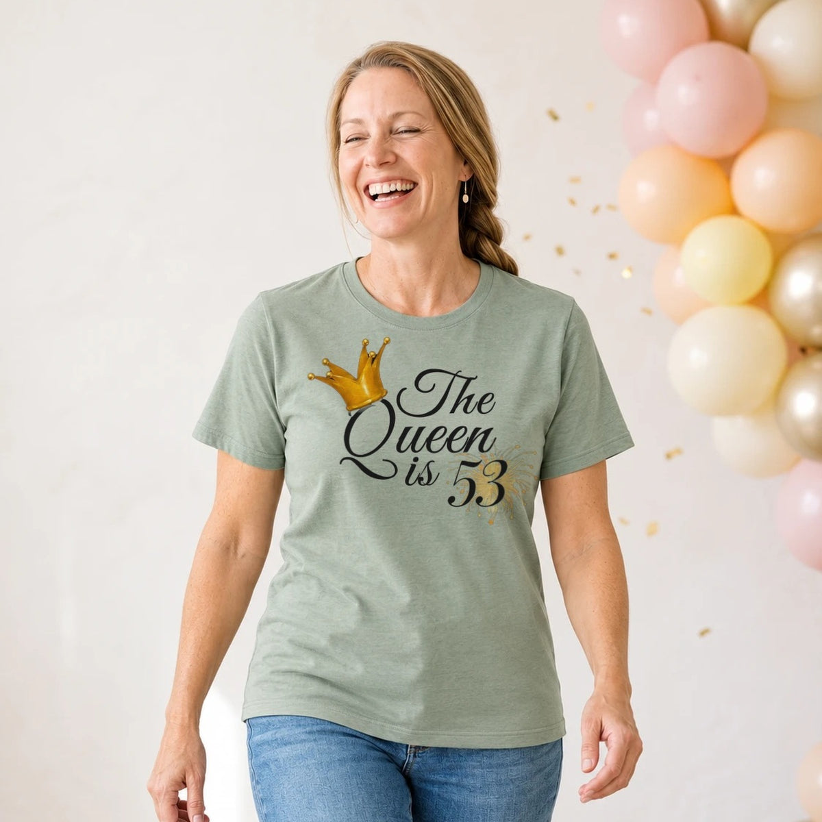 The Queen Is 53 - 53rd Birthday Queen T-Shirt for Women - Sage Green Round Neck