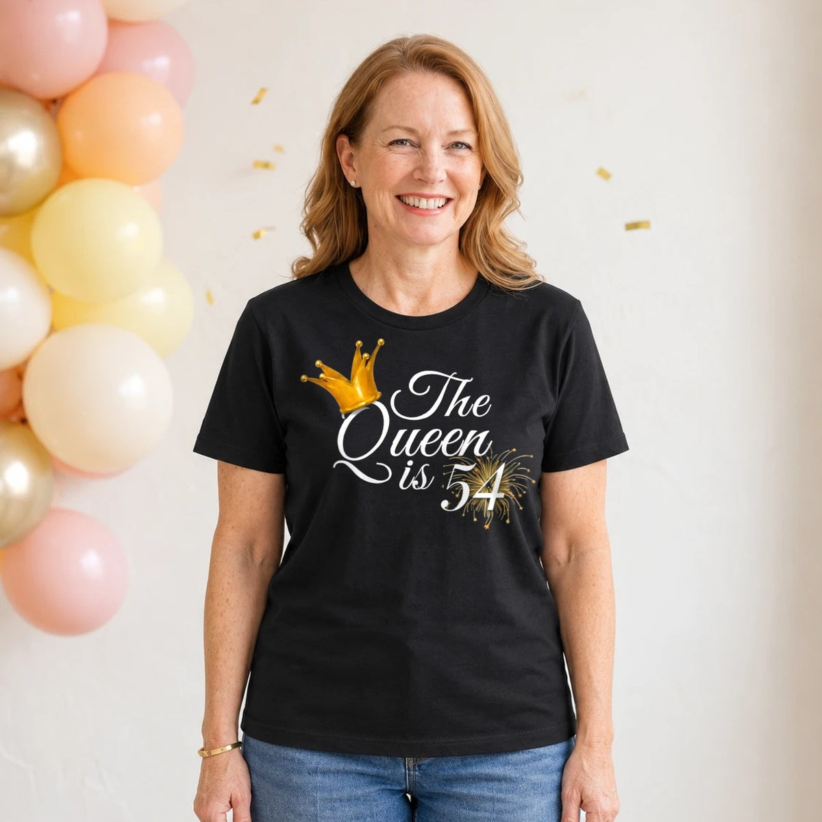 The Queen Is 54 - 54th Birthday Queen T-Shirt for Women - Black Round Neck