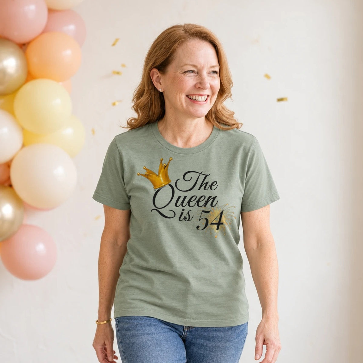 The Queen Is 54 - 54th Birthday Queen T-Shirt for Women - Sage Green Round Neck