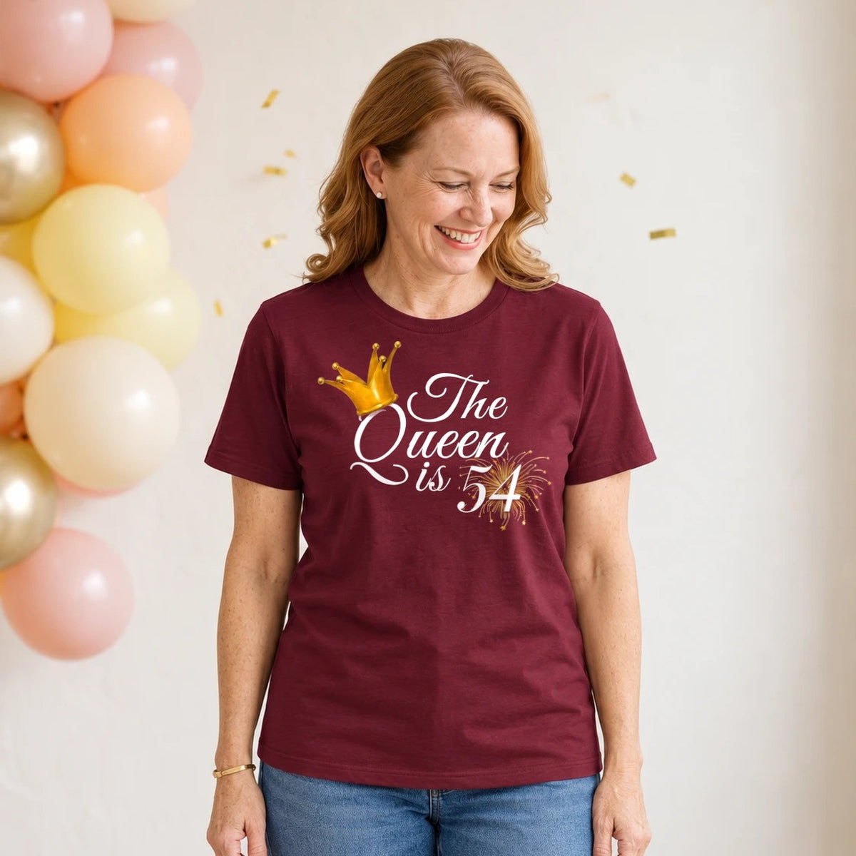 The Queen Is 54 - 54th Birthday Queen T-Shirt for Women - Burgundy Round Neck