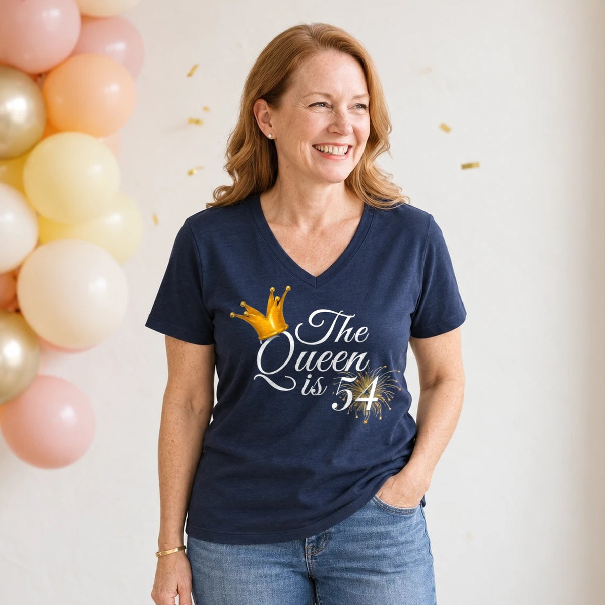 The Queen Is 54 - 54th Birthday Queen T-Shirt for Women - Navy Blue V-Neck