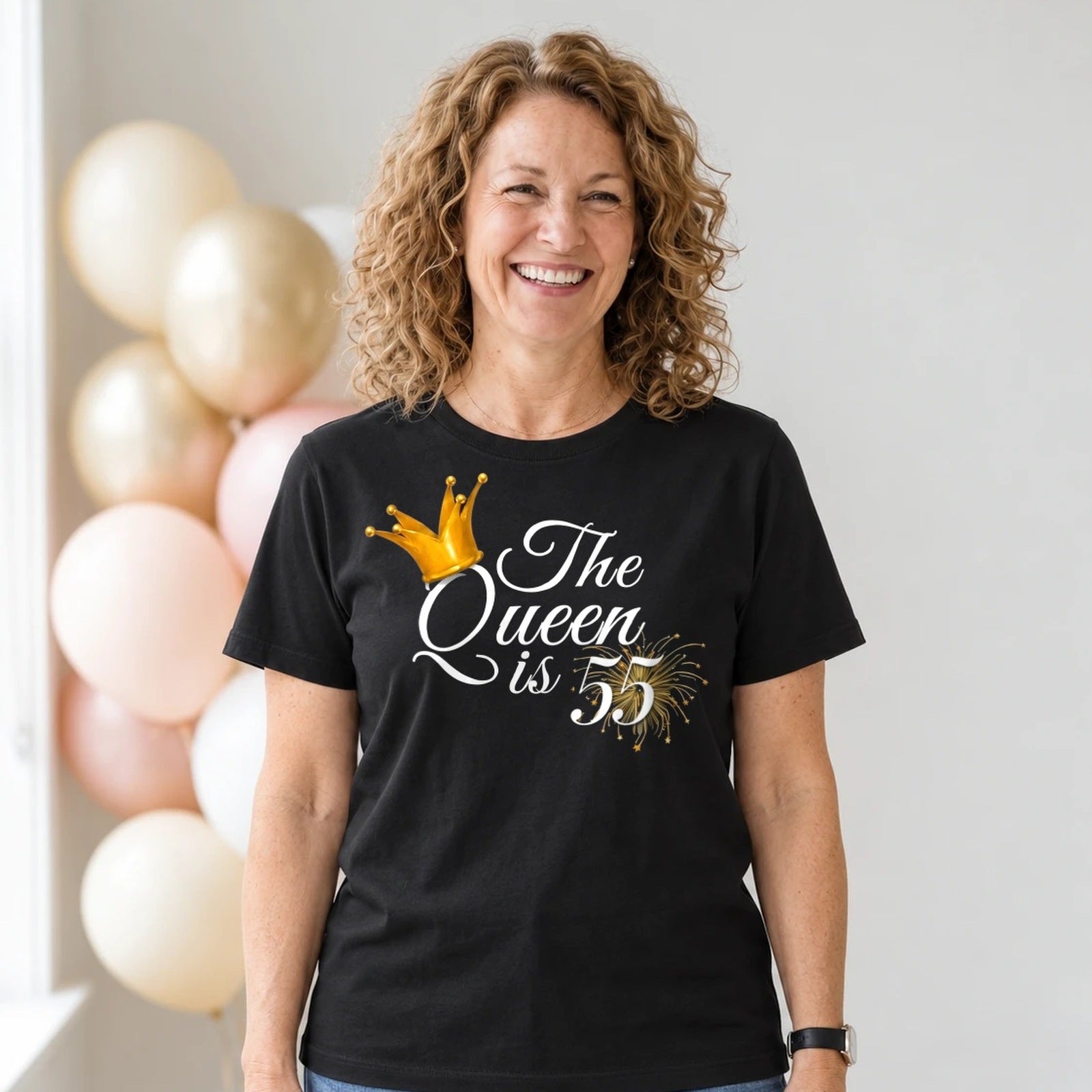 The Queen Is 55 - 55th Birthday Queen T-Shirt for Women - Black Round Neck