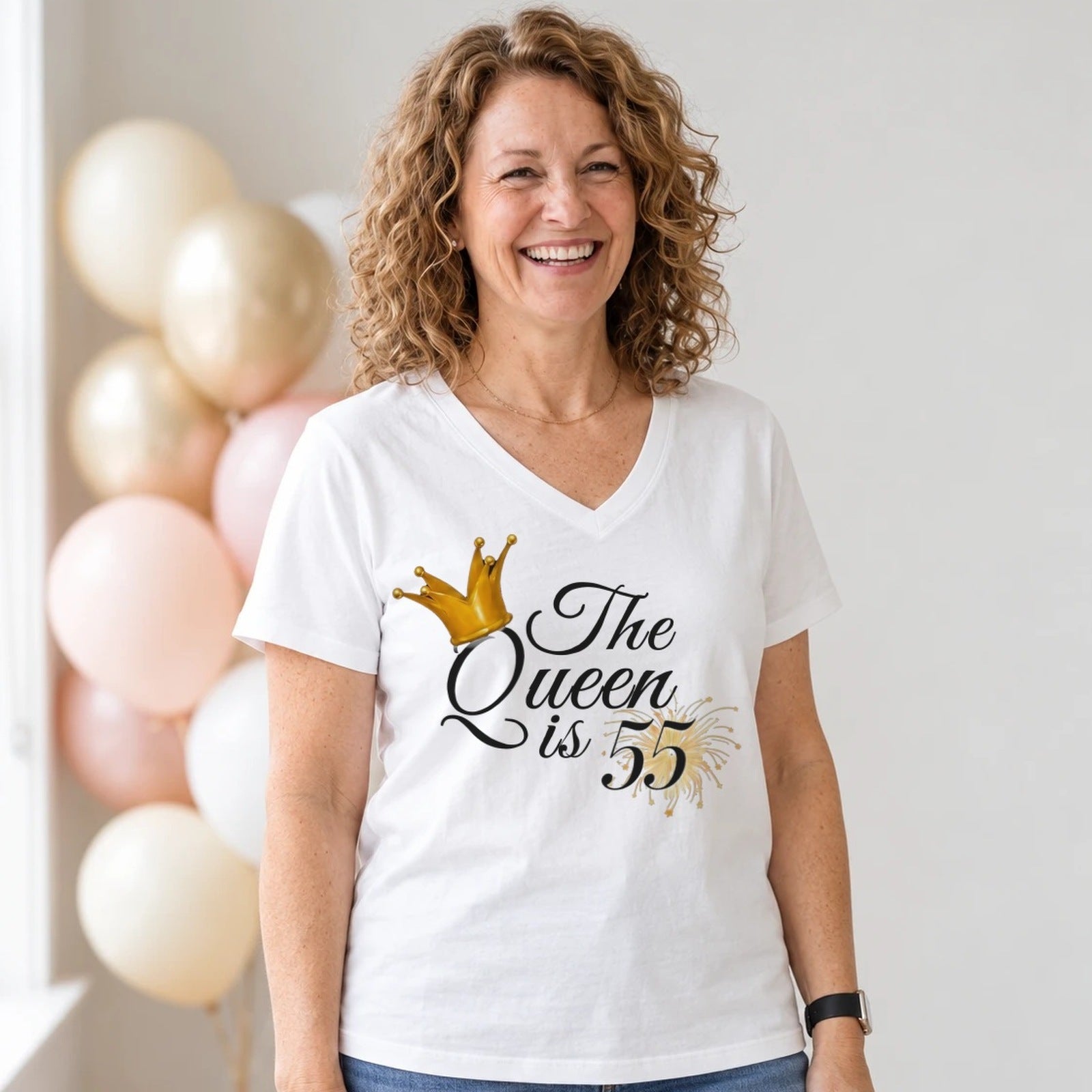 The Queen Is 55 - 55th Birthday Queen T-Shirt for Women - White V-Neck