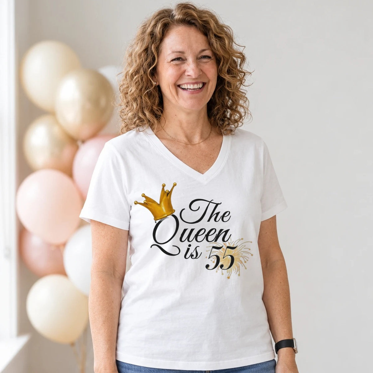 The Queen Is 55 - 55th Birthday Queen T-Shirt for Women - White V-Neck