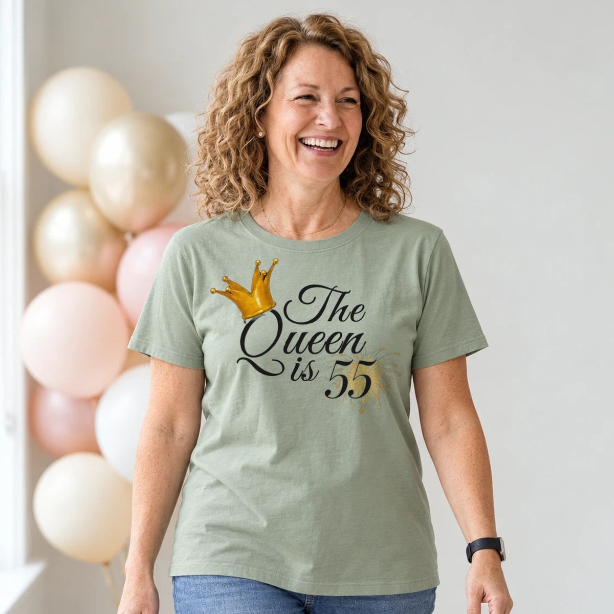 The Queen Is 55 - 55th Birthday Queen T-Shirt for Women - Sage Green Round Neck