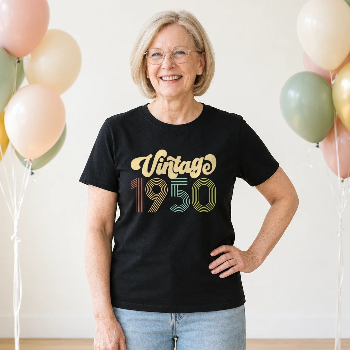 Vintage 1950 - Retro 76th Birthday T-Shirt for Women - Black Round Neck