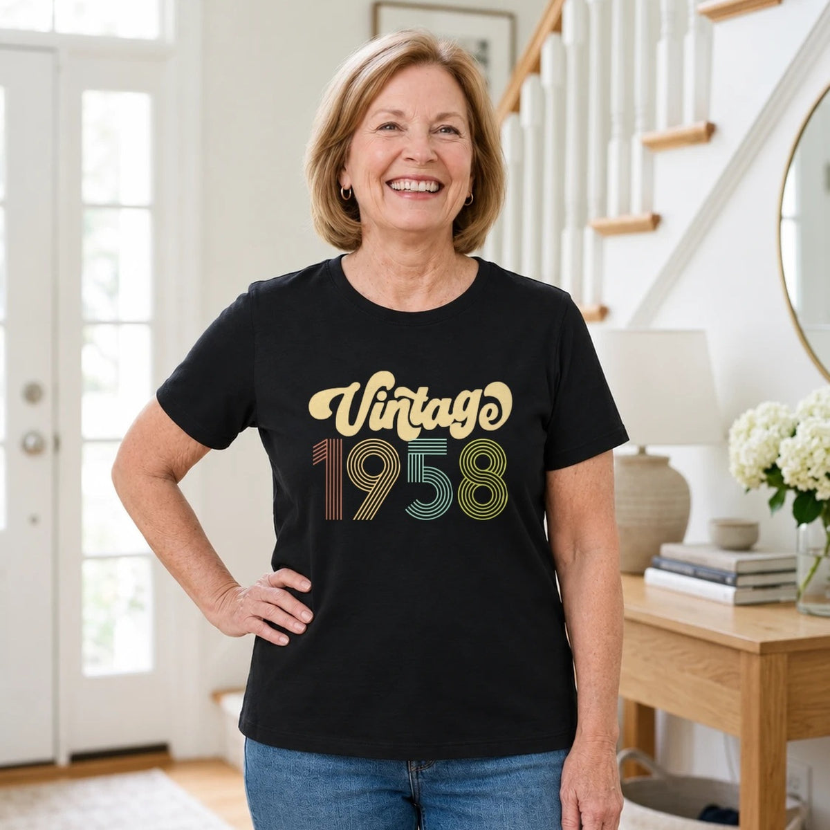 Vintage 1958 - Retro 68th Birthday T-Shirt for Women - Black Round Neck