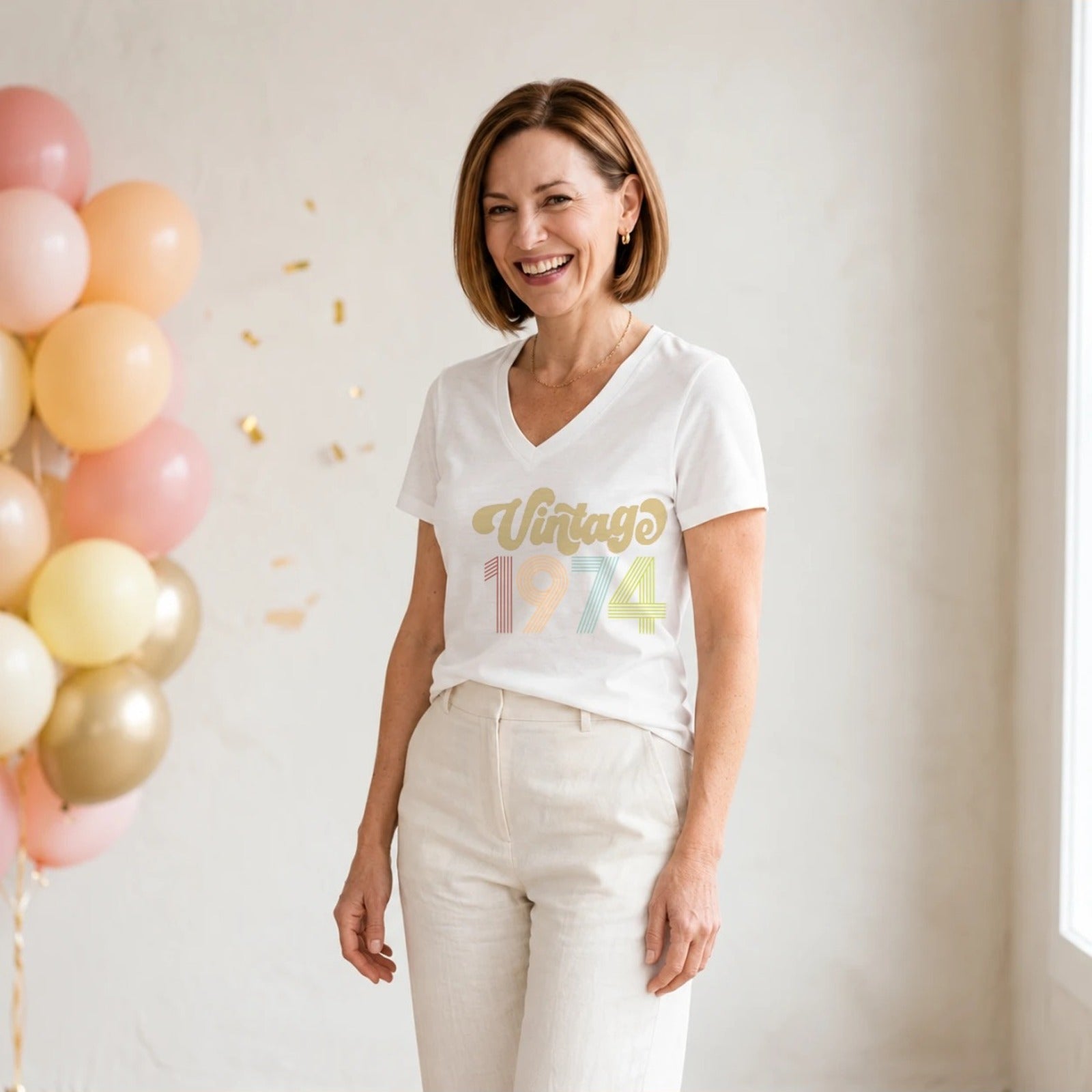 Vintage 1974 - Retro 52nd Birthday T-Shirt for Women - White V-Neck