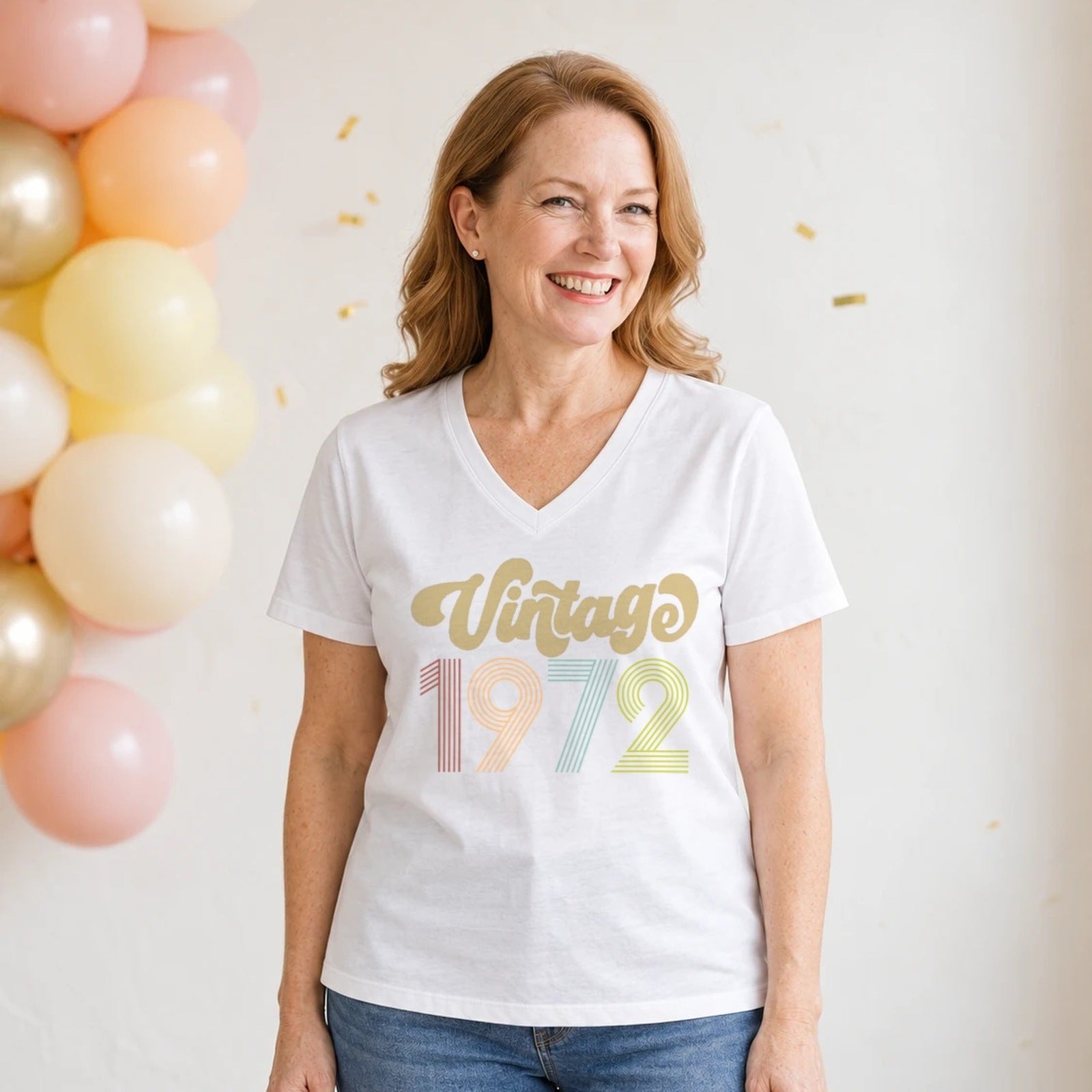 Vintage 1972 - Retro 54th Birthday T-Shirt for Women - White V-Neck