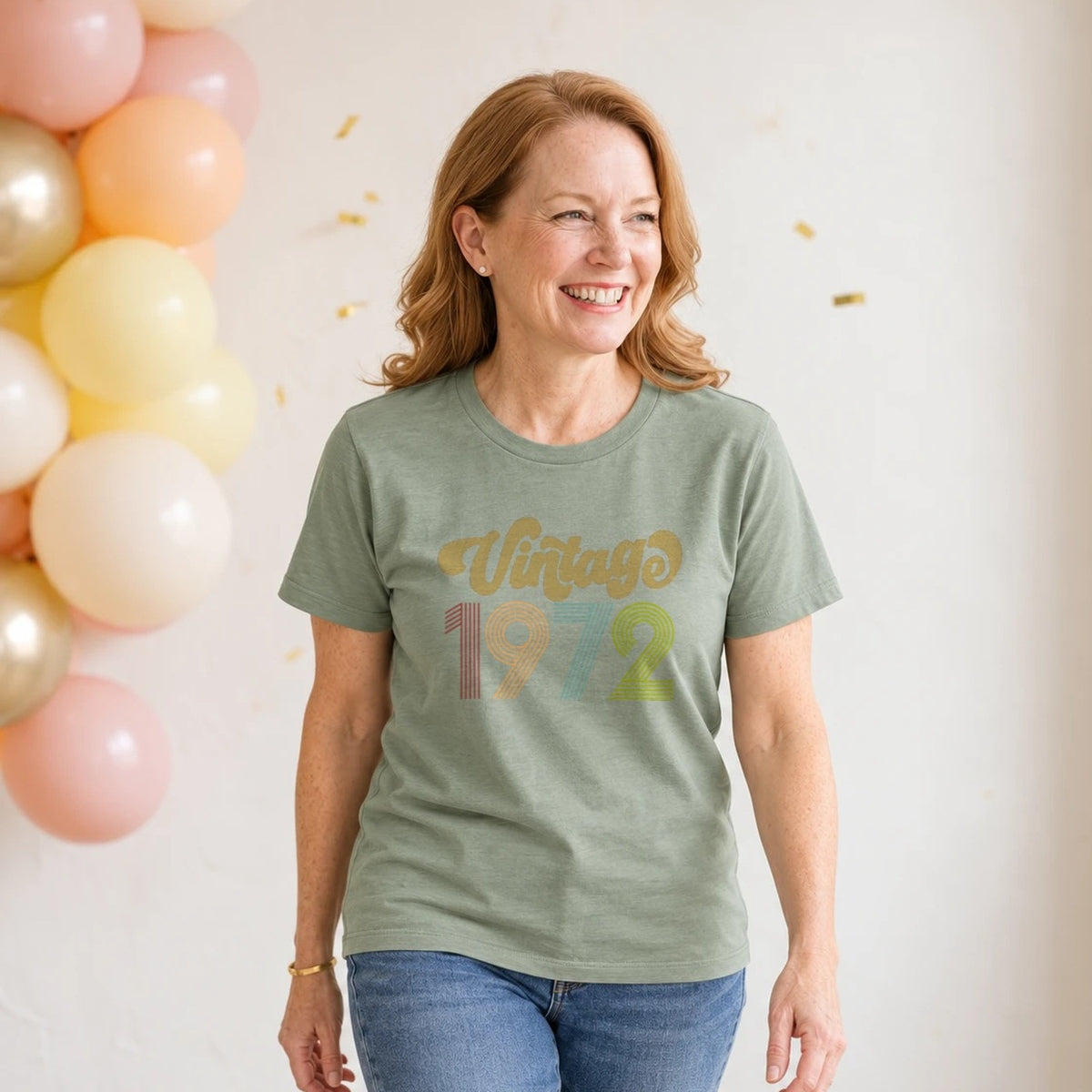 Vintage 1972 - Retro 54th Birthday T-Shirt for Women - Sage Green Round Neck